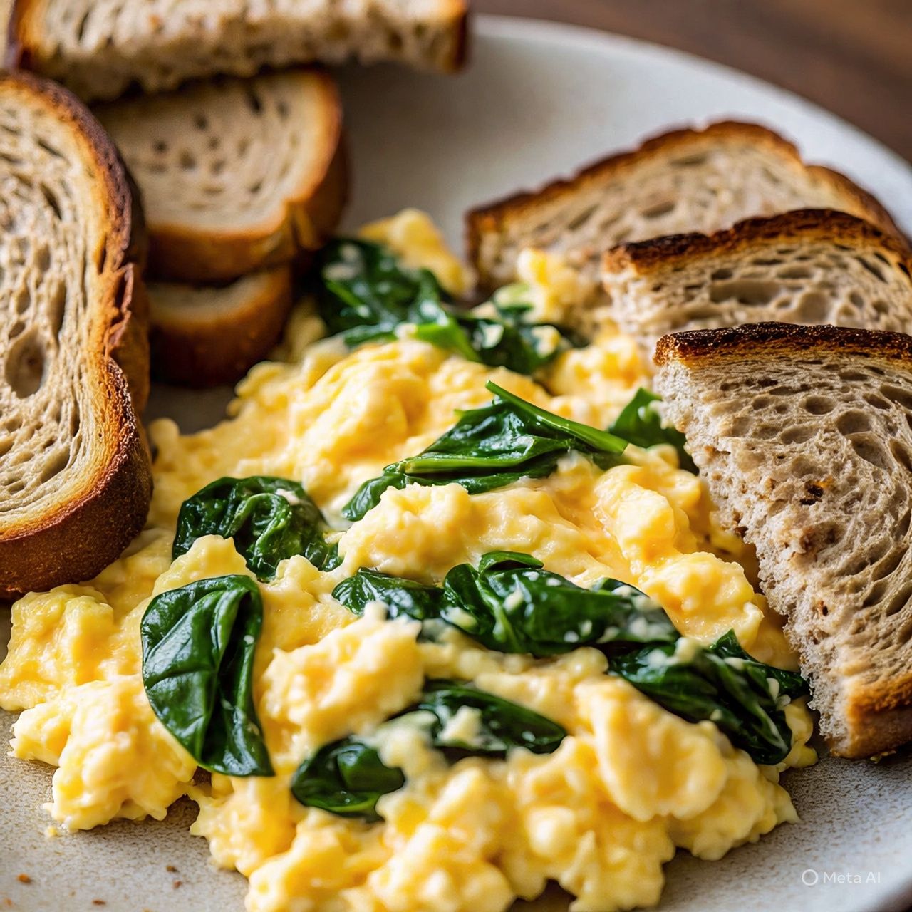 SCRAMBLED EGGS WITH SPINACH AND WHOLE GRAIN TOAST